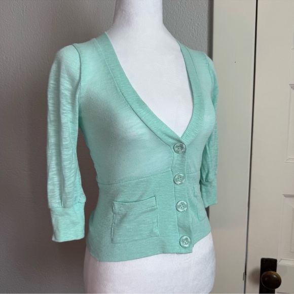 Poof! Green Cardigan Sweater with V-Neck and Cropped Fit - Picture 3 of 7